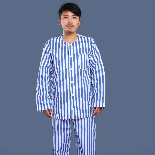藍白條紋無領(lǐng)病號服