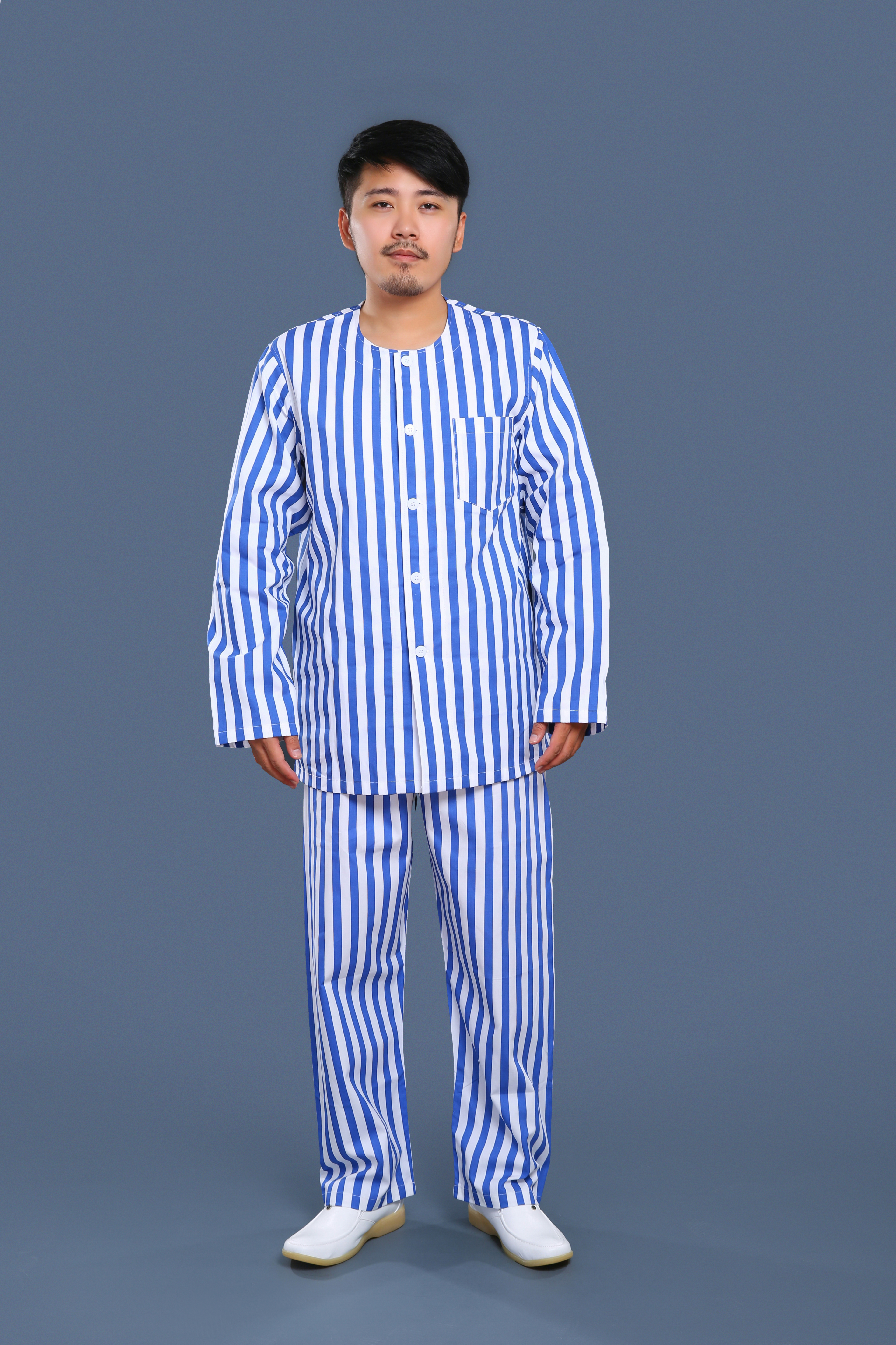 藍白條紋無領(lǐng)病號服