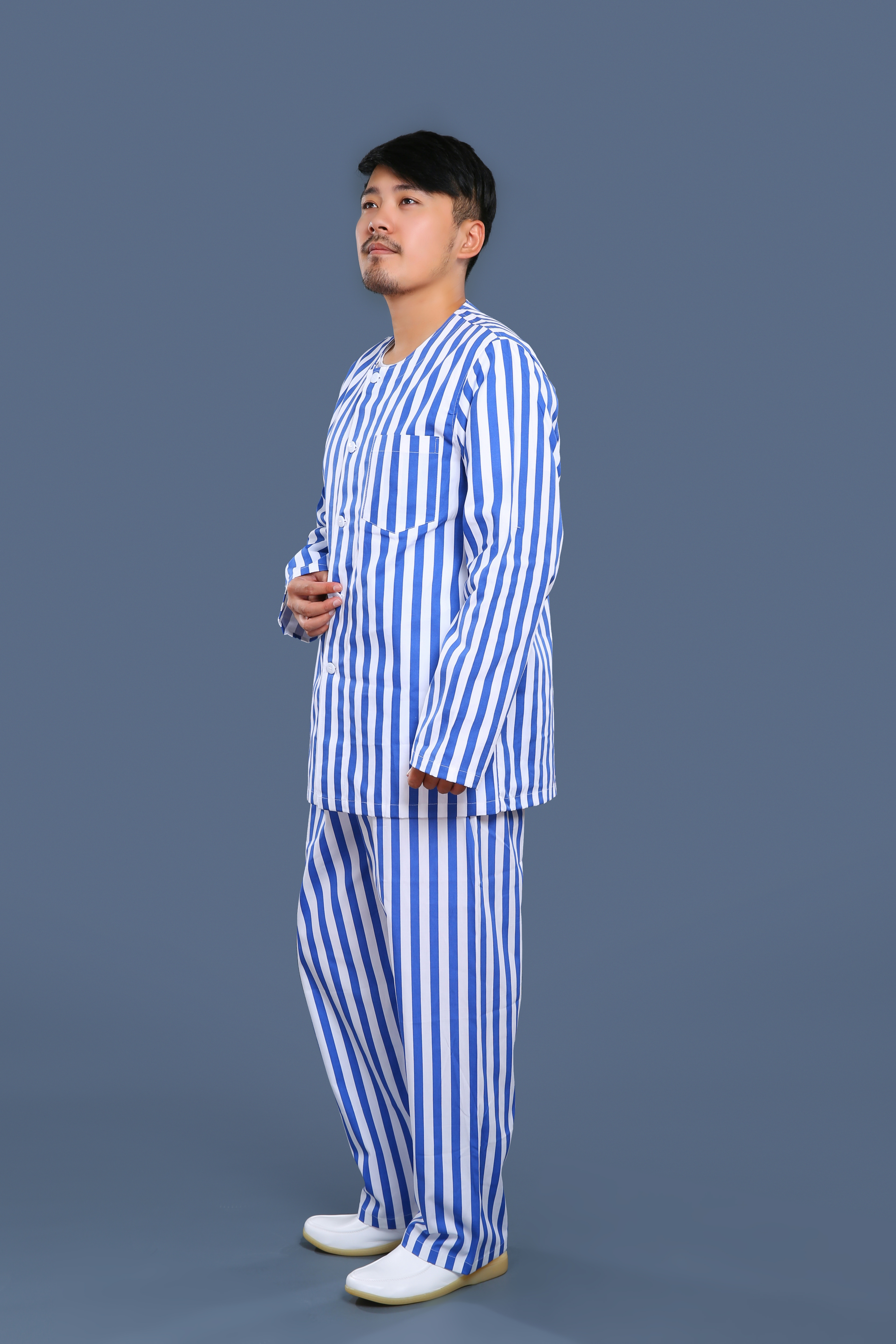 藍白條紋無領(lǐng)病號服